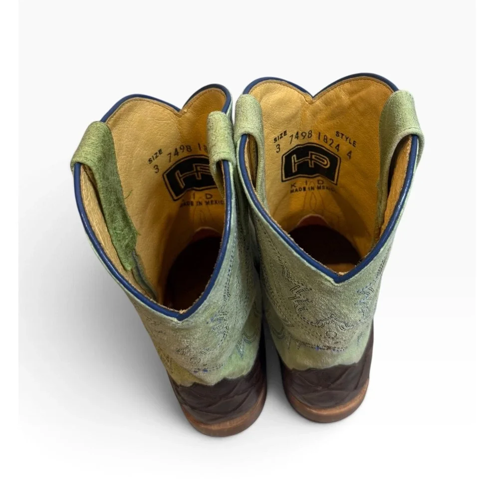 Horse Power Kids Cowboy Boots Brown Fish Print Green leather Square Toe Size 3